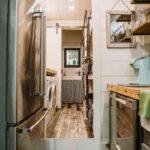 appalachian container cabin legacy interior kitchen to bathroom