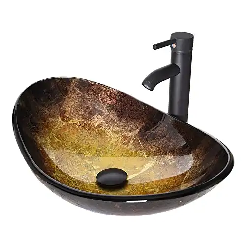 Bathroom Vessel Sink, Boat Shape Bathroom Artistic Glass Vessel Bowl Basin with Free Oil Rubbed Bronze Faucet and Pop-up Drain, Gold ingot