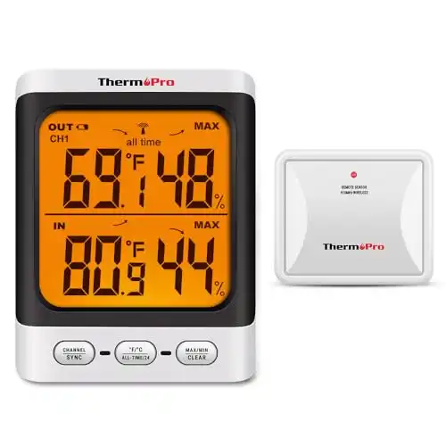 ThermoPro TP62 Indoor/Outdoor Wireless Thermometer/Hygrometer, 500ft/150m Range, Temperature & Humidity Sensor